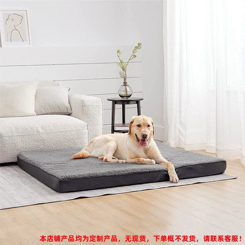 Golden retriever on orthopedic dog bed in living room
